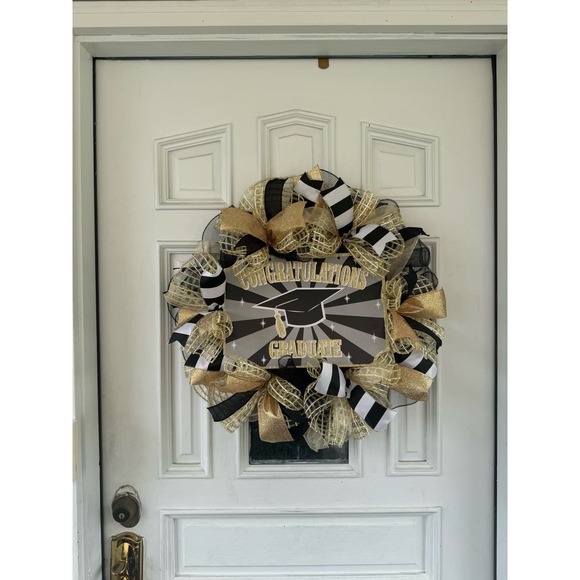 Congratulations Graduate Ribbon & Deco Mesh Wreath Door Hanger, Graduation Gift - Picture 7 of 7